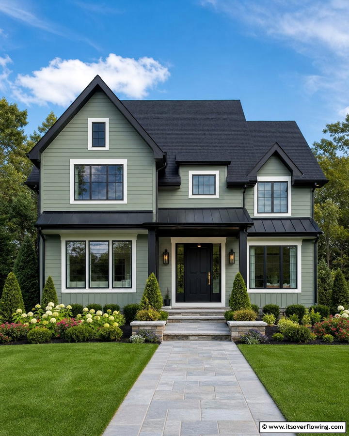 Creating Contrast with a Black Roof - 20 Sage Green House With Black Door Design Ideas