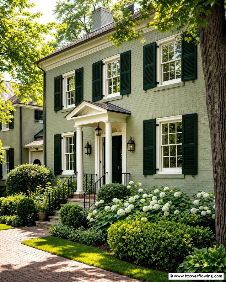 Creating Depth with Dark Green Shutters - 25 Sage Green Painted Brick House Ideas for a Fresh Look