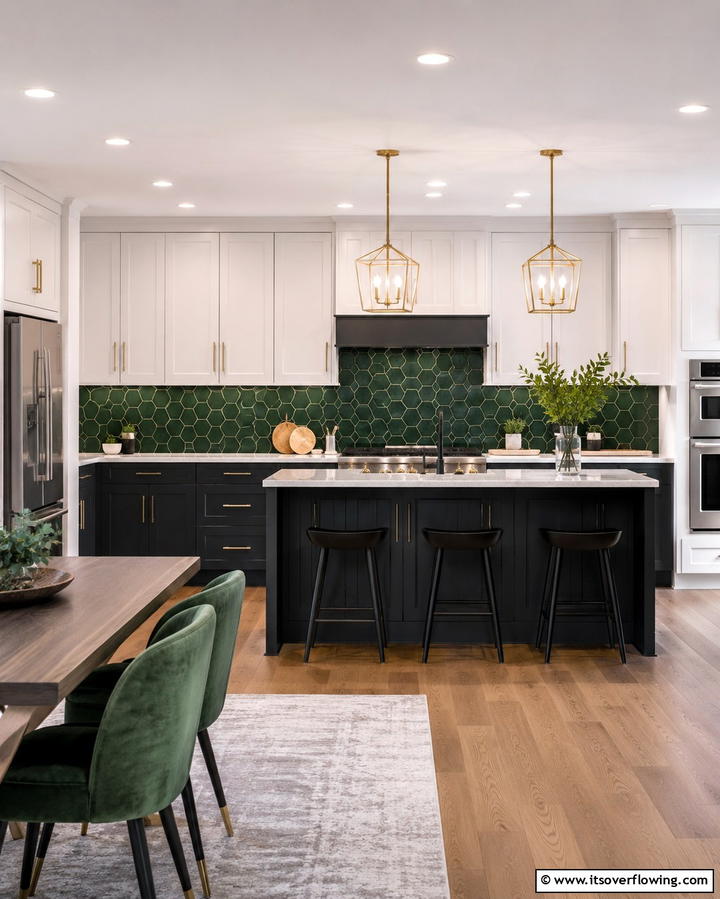 Creating Drama with Dark Green Hexagon Tiles - 25 Chic Kitchen With Green Backsplash Ideas