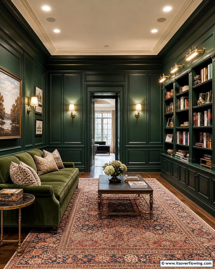Creating a Moody Atmosphere with Dark Green Paneling - 20 Dark Green Home Library Ideas and Inspiration