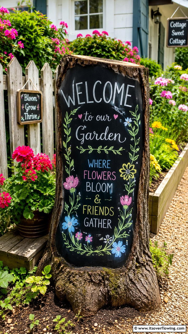 Creative Chalkboard Display - 21 Creative Tree Stump Decorating Ideas for Rustic Accents