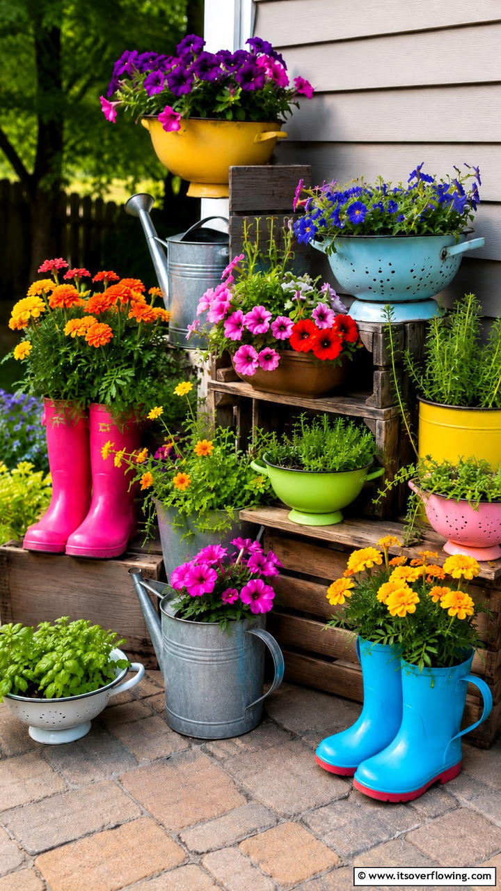 Creative Container Garden with Repurposed Items - 30 Budget Small Garden Ideas to Transform Outdoor Space