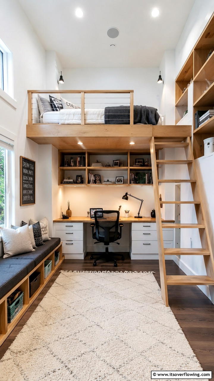 Creative Lofted Bunk Room with Workspace - 30 Bunk Room Ideas for Fun and Functional Kids’ Spaces