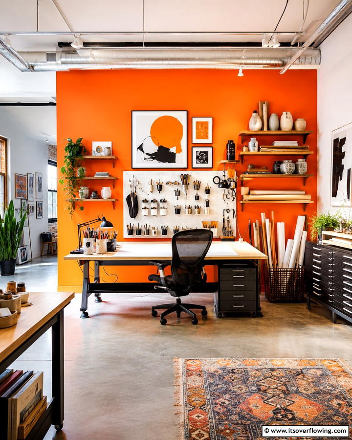 Creative Studio Space - 20 Orange Accent Wall Ideas to Brighten Your Space
