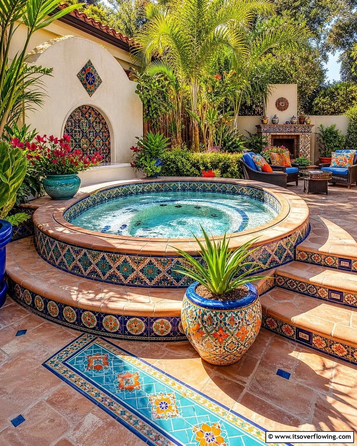 Creative Tile Accents - 20 Hot Tub Landscaping Ideas for a Relaxing Retreat