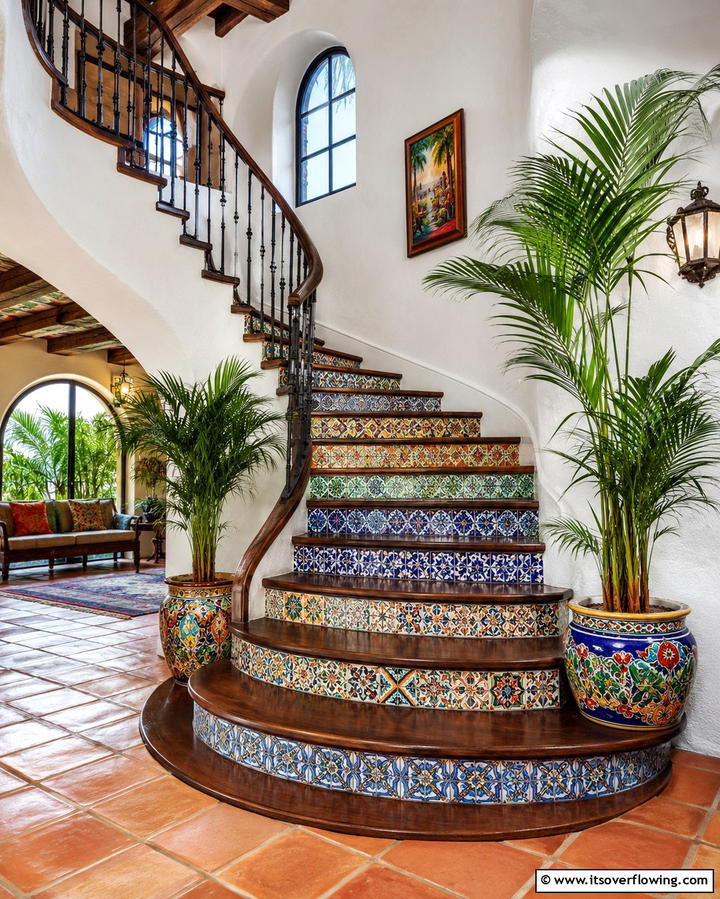 Creative Tiled Risers - 30 Elegant Curved Staircase Designs to Elevate Your Home’s Style