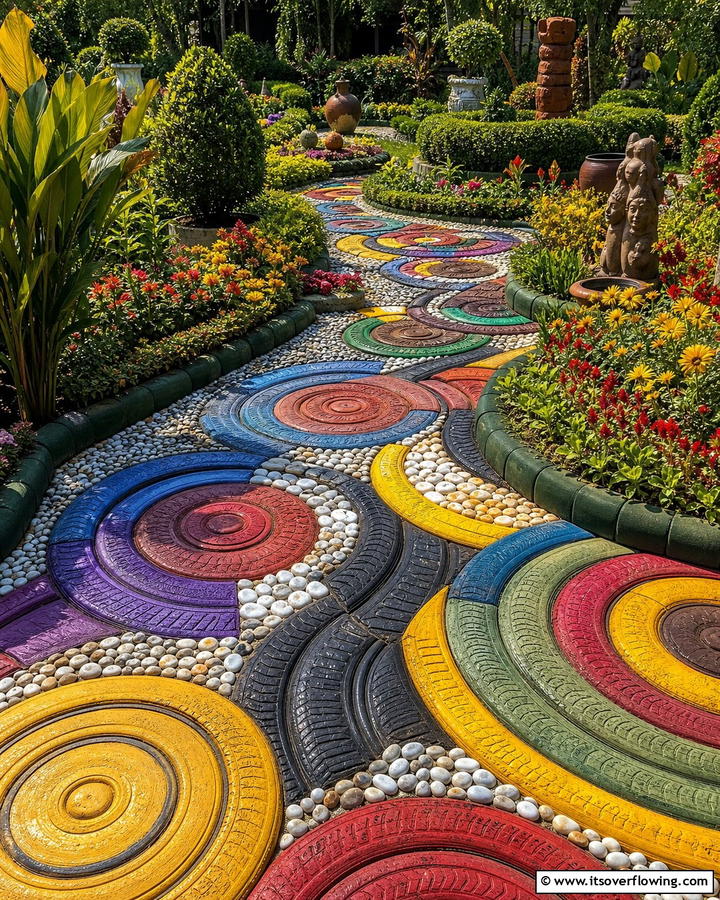 Creative Tyre Mosaic Pathways - 21 Recycled Tyre Garden Art Ideas for Eco-Conscious Spaces