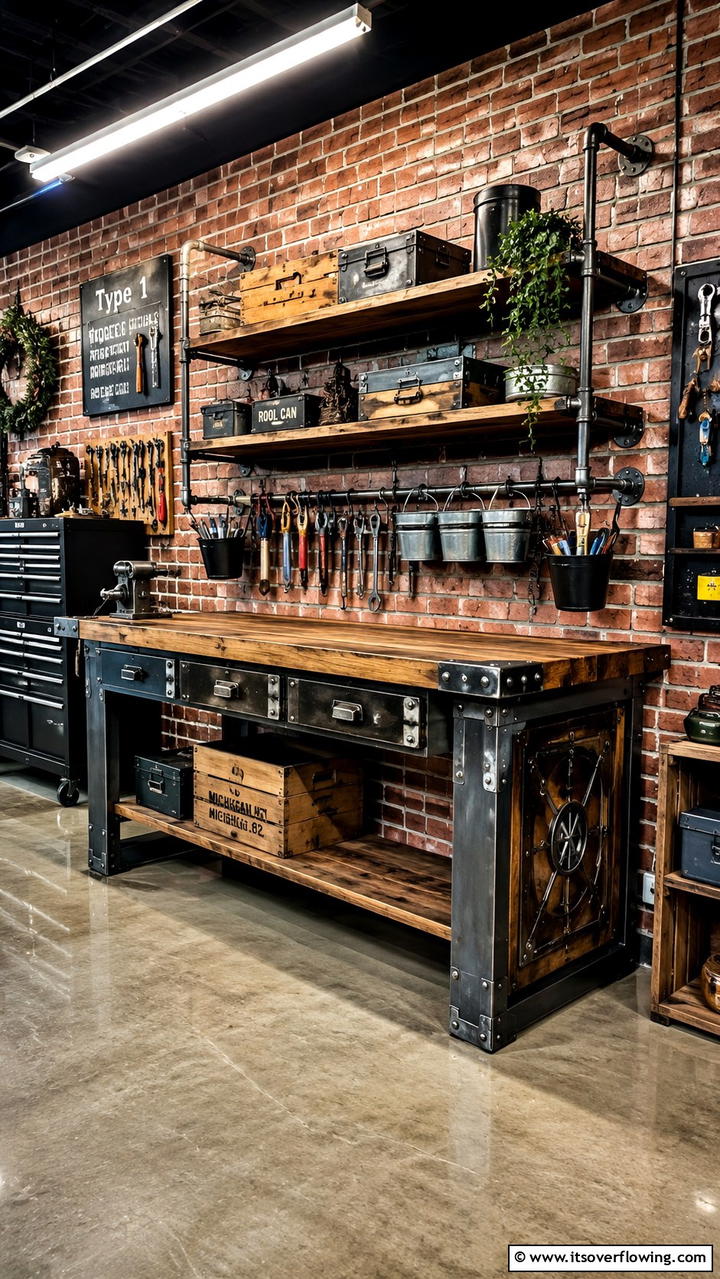 Creative Upcycled Workbench with Metal Accents - 30 Garage Workbench Ideas for Organized DIY Spaces