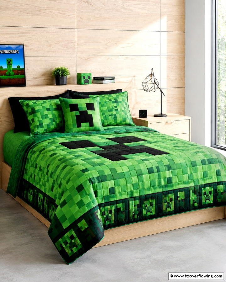 Creeper Inspired Bedding - 30 Minecraft Bedroom Ideas for Block-Inspired Fun