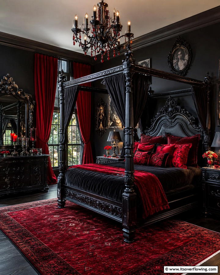 Crimson Accents - 20 Vampire Bedroom Ideas for a Dark and Mysterious Vibe