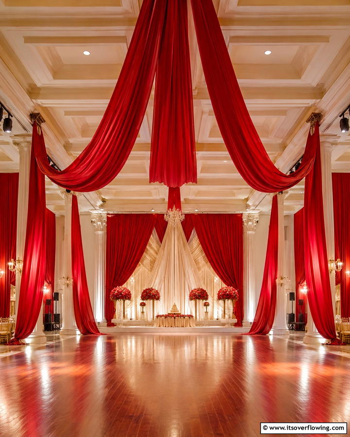 Crimson Drapery Decor - 30 Red Wedding Theme Ideas for Bold and Romantic Celebrations