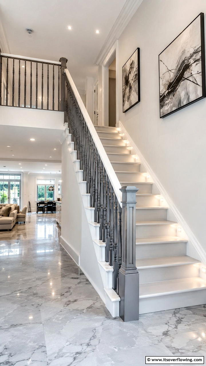 Crisp Staircase Design - 30 Grey and White House Interior Ideas- Minimalist Elegance