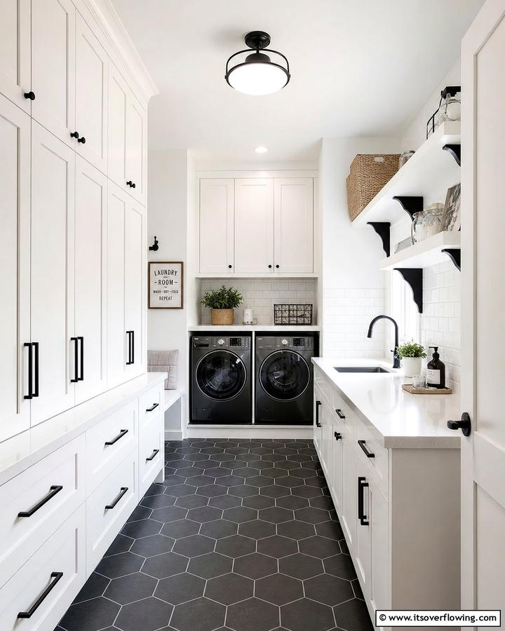 Crisp White Cabinetry with Black Hardware - 20 Black and White Laundry Room Ideas for Style