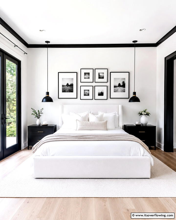 Crisp White Walls with Black Accents - 25 Black and White Bedroom Ideas for a Timeless Design