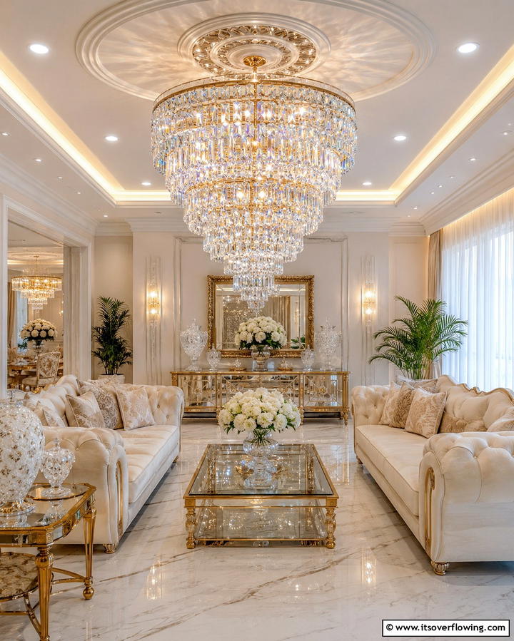 Crystal Chandeliers - 30 Glam Living Room Ideas for Luxurious Comfort
