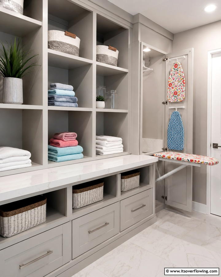 Cubbies with Built in Ironing Board Shelves - 30 Laundry Room Shelf Ideas- Maximize Storage & Efficiency