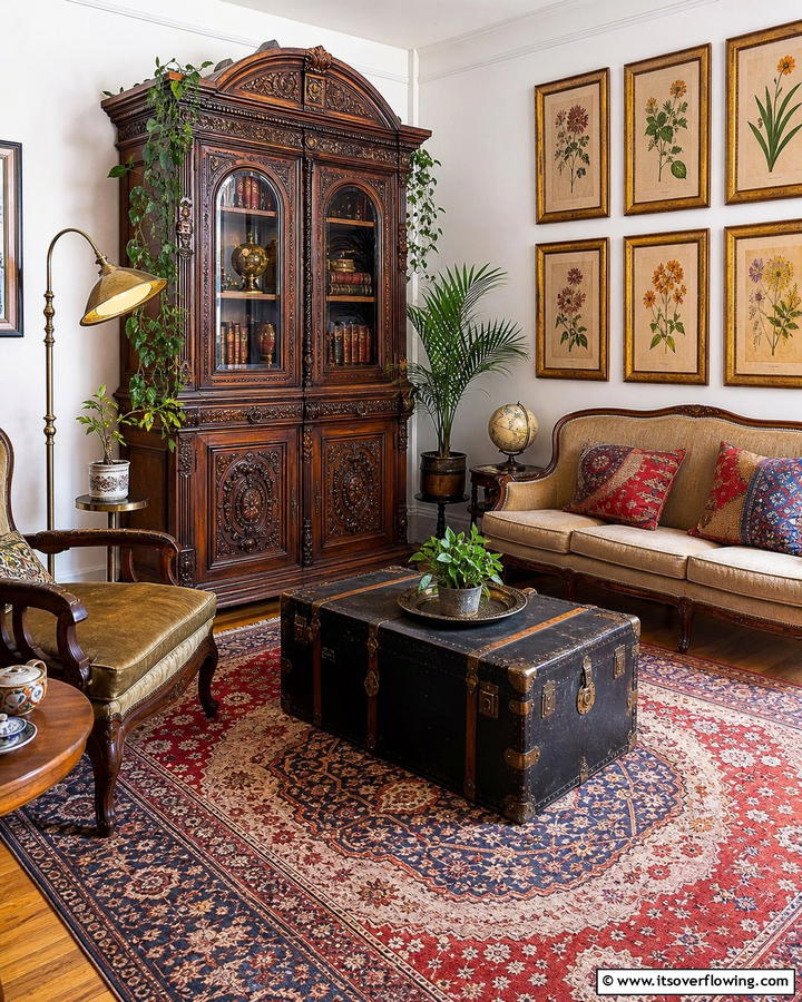 Curated Antique Finds - 30 Boho Chic Living Room Ideas for a Cozy and Eclectic Vibe
