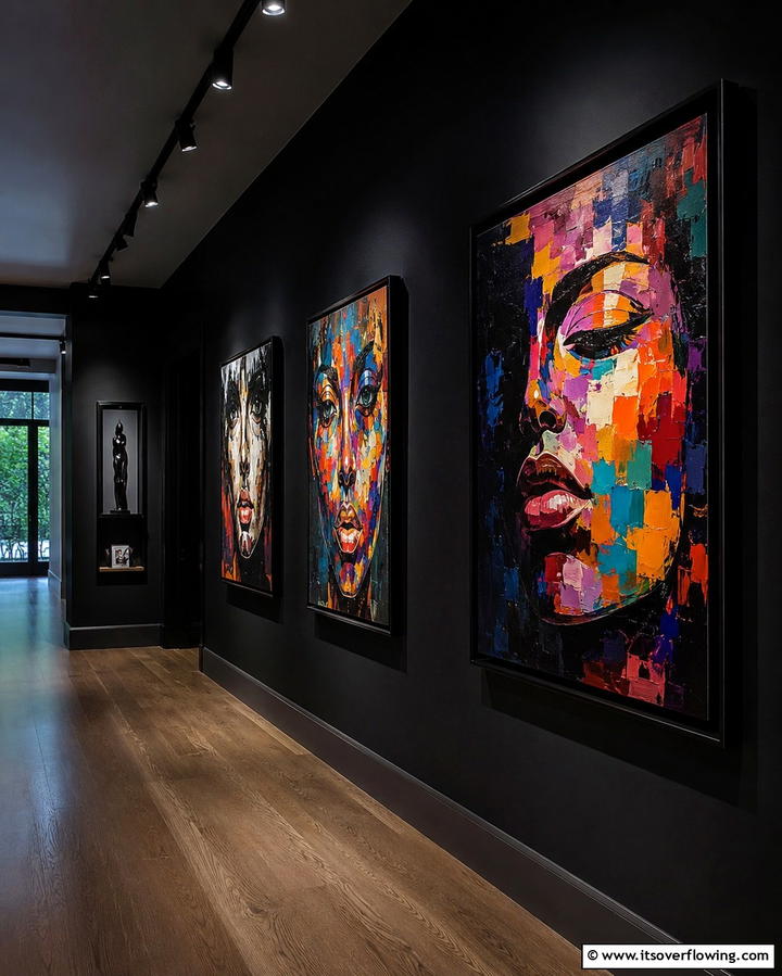 Curated Black Art Displays - 30 Black Hallway Ideas for Dramatic and Sophisticated Spaces