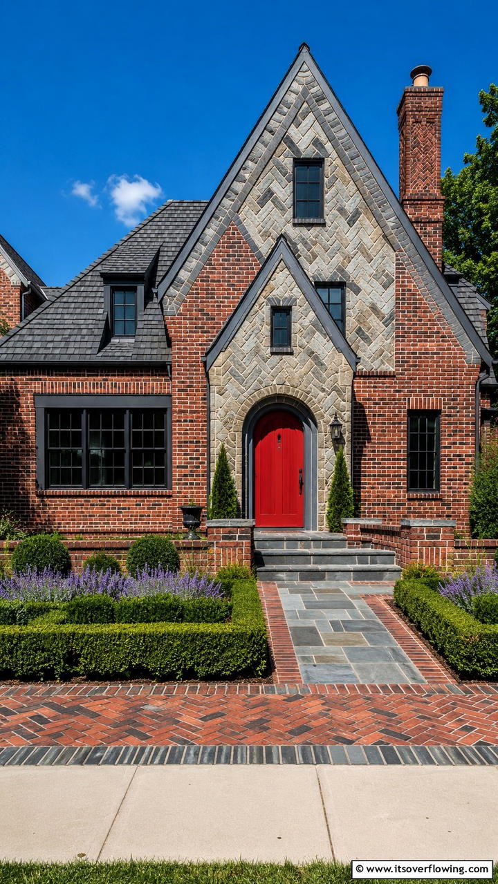 Curated Brick House with Bold Stone Patterns - 30 Brick Houses With Stone Accents- Exterior Design Inspiration