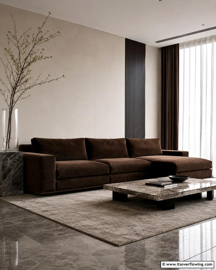 Curated Collections Displayed Neatly - 30 Warm Dark Brown Couch Styling Ideas for Cozy Living Rooms