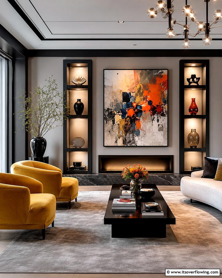 Curated Modern Living - 30 Living Room Grey Walls & Black Trim- Bold Contrast Ideas