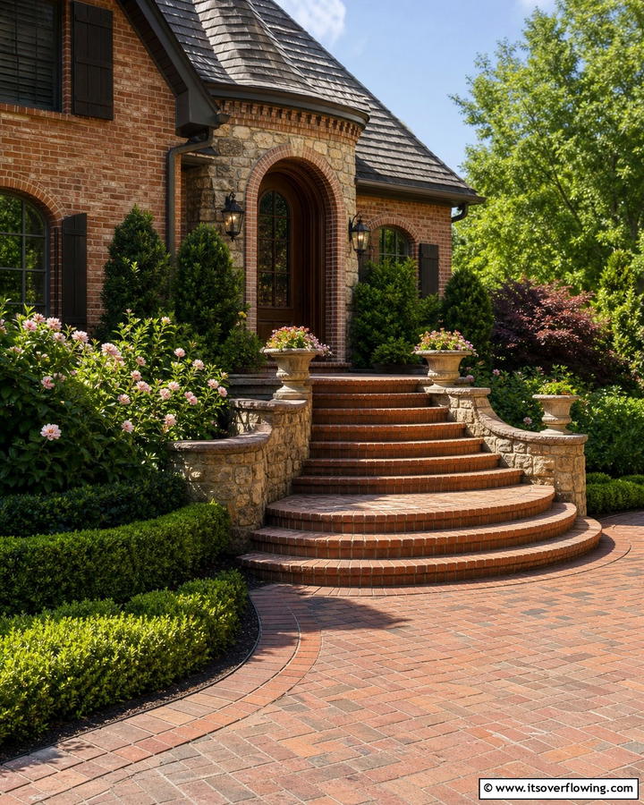 Curved Brick Steps with Rounded Edges - 25 Brick Front Steps Design Ideas for Curb Appeal