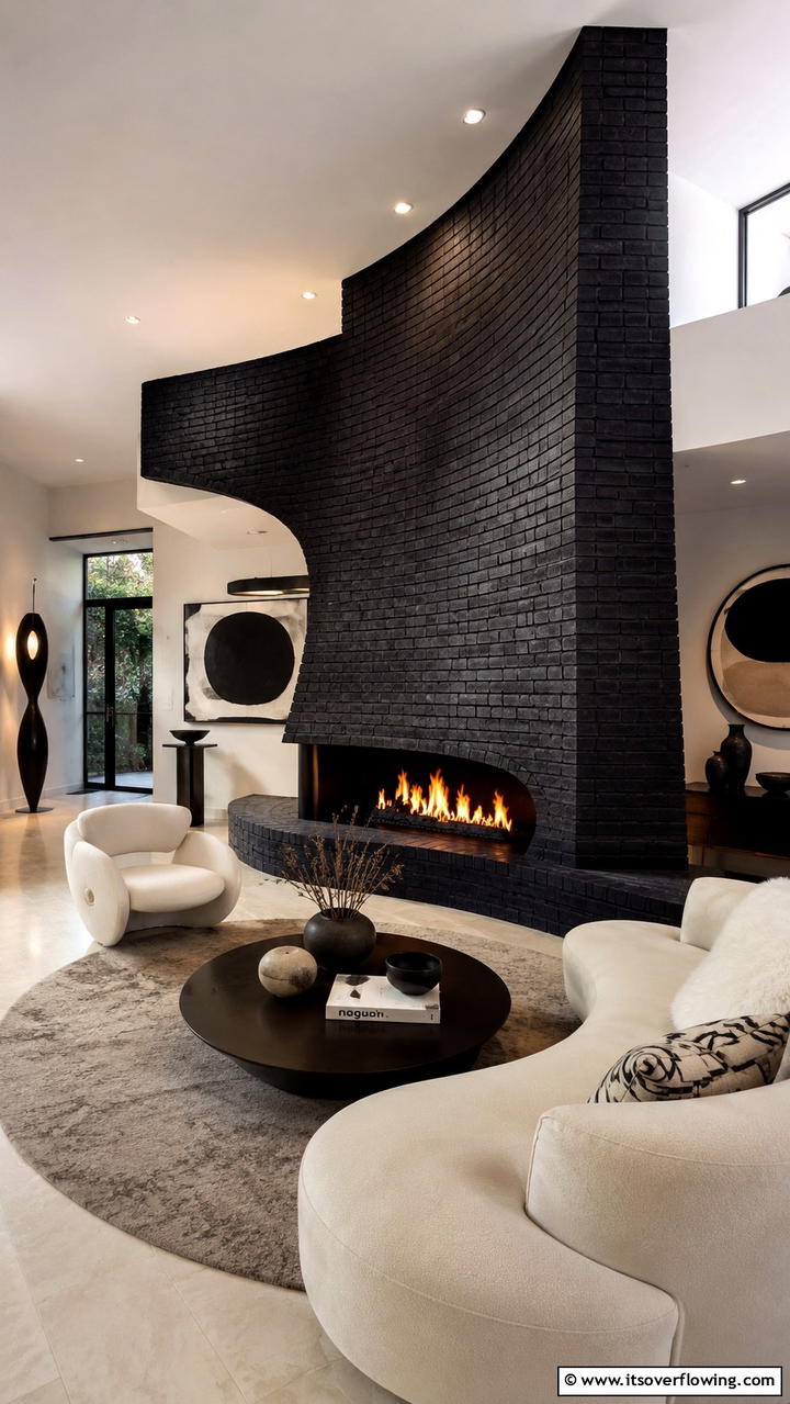 Curved Design Black Brick Fireplace - 30 Black Brick Fireplace Ideas for Dramatic Focal Points