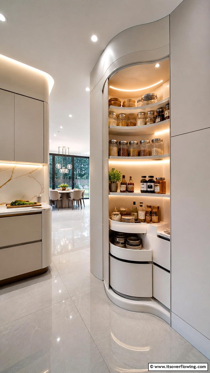 Curved Edge Modern Pantry - 30 Corner Pantry Ideas to Maximize Kitchen Storage