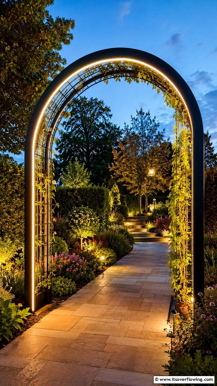 Curved Garden Arch with LED Lights - 30 Garden Arch Ideas for Enchanting Outdoor Spaces