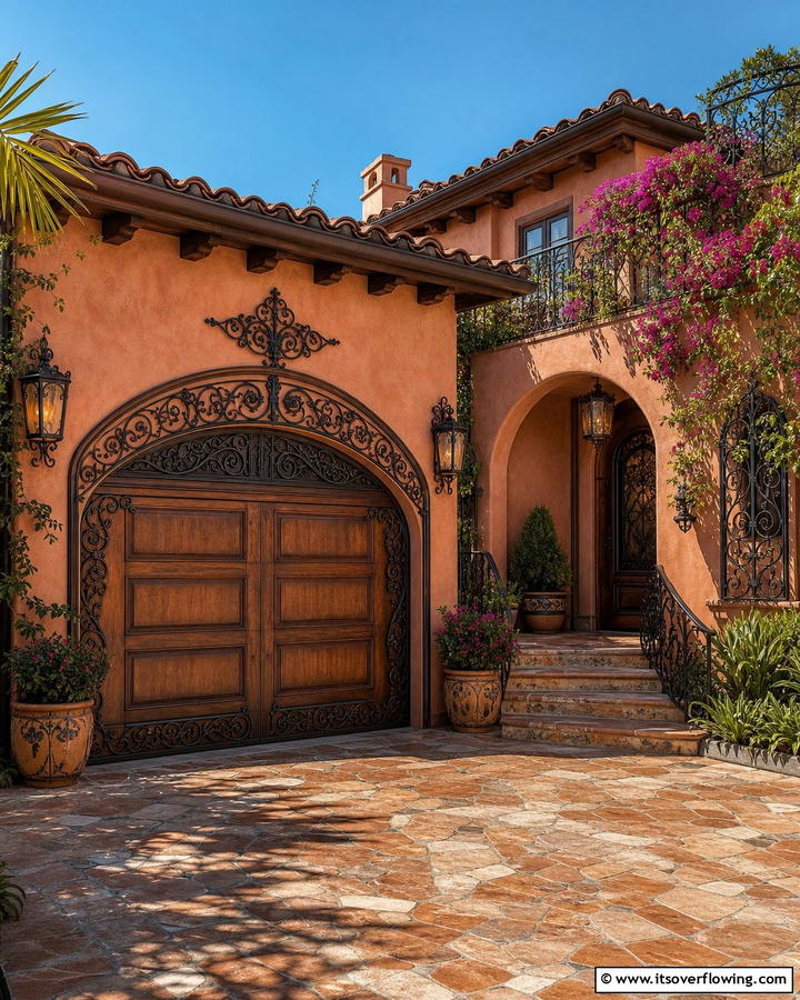 Curved Ironwork Accents - 20 Exterior Garage Door Trim Ideas to Boost Curb Appeal