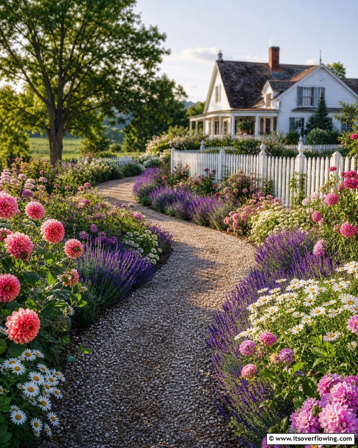 Curved Path with Flower Borders - 20 Farmhouse Walkway Ideas for a Rustic Charm