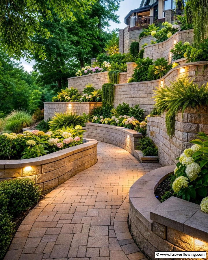 Curved Pathways with Retaining Walls - 20 Sloped Walkway Ideas for Beautiful Landscaping