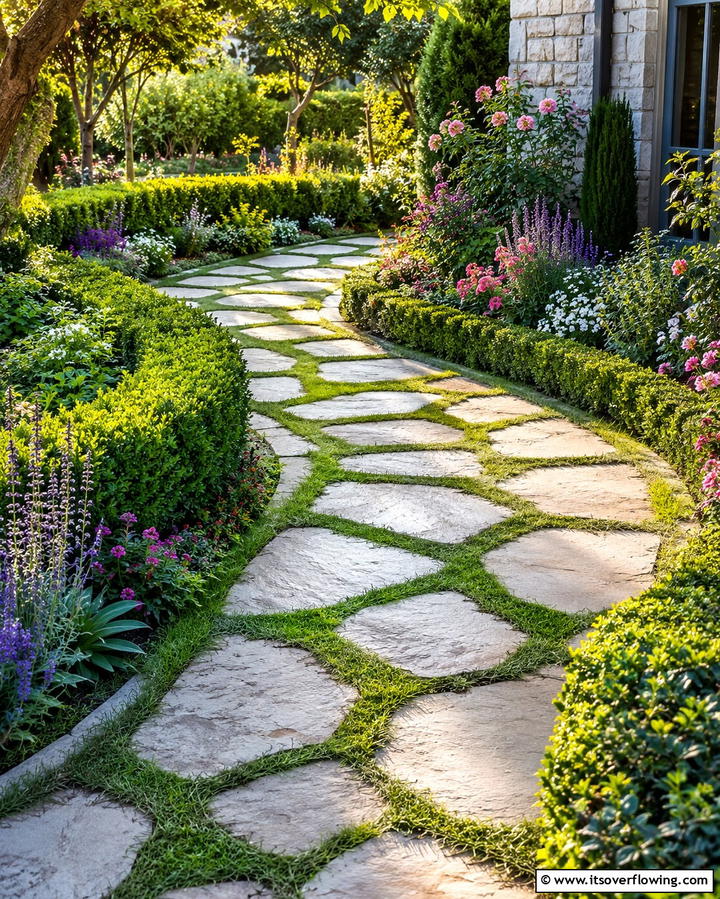 Curved Stone Path with Grass Inlays - 20 Stone Walkway Ideas to Enhance Your Garden