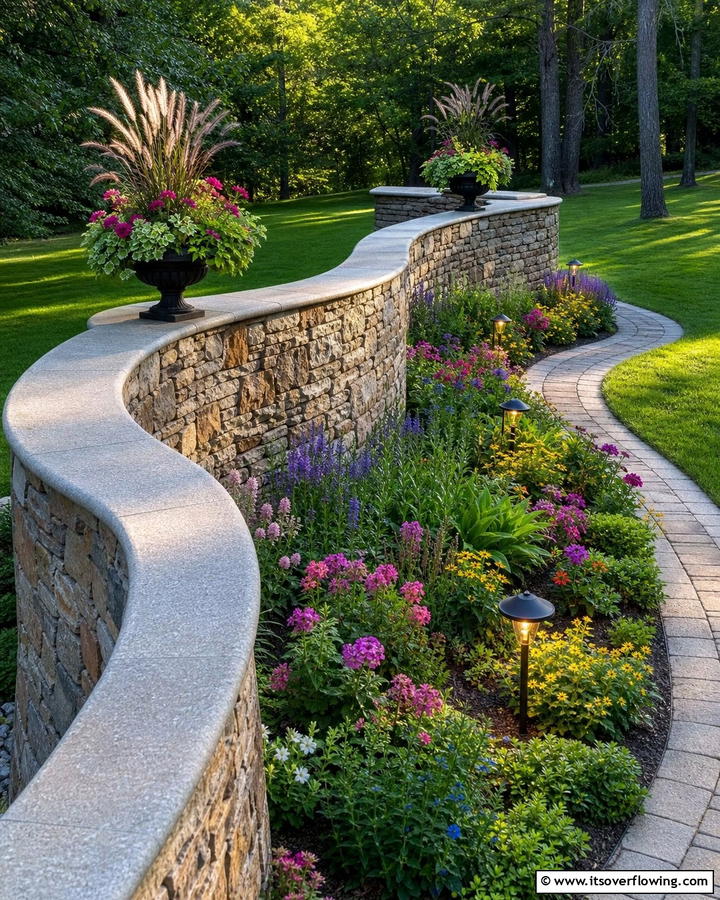 Curved Stone Wall Design - 30 Natural Stone Wall Ideas for Rustic Outdoor Landscapes