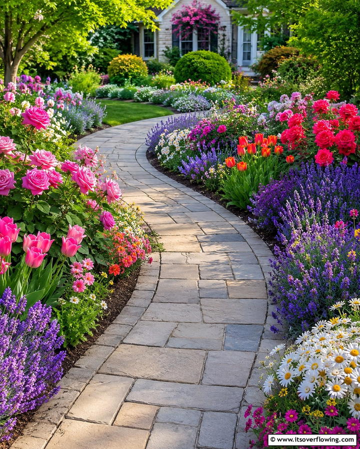 Curved Walkways with Flower Borders - 25 Curved Walkway Ideas for a Charming Garden Path