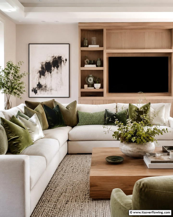 Cushions in Various Green Shades for Layers - 25 Green Living Room Ideas for a Fresh and Calming Space