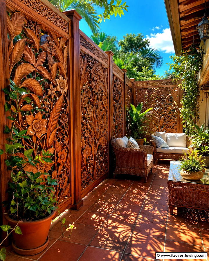 Custom Carved Panels - 30 Private Deck Ideas for Secluded Outdoor Relaxation Zones