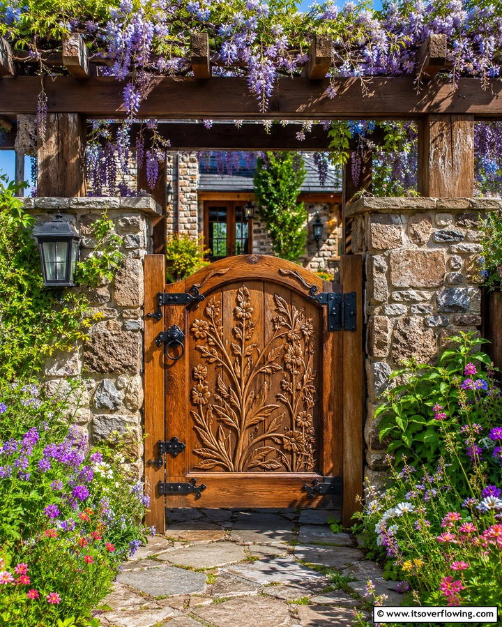 Custom Carved Wood Gate - 30 Inviting Front Gate Designs for Home Entrances