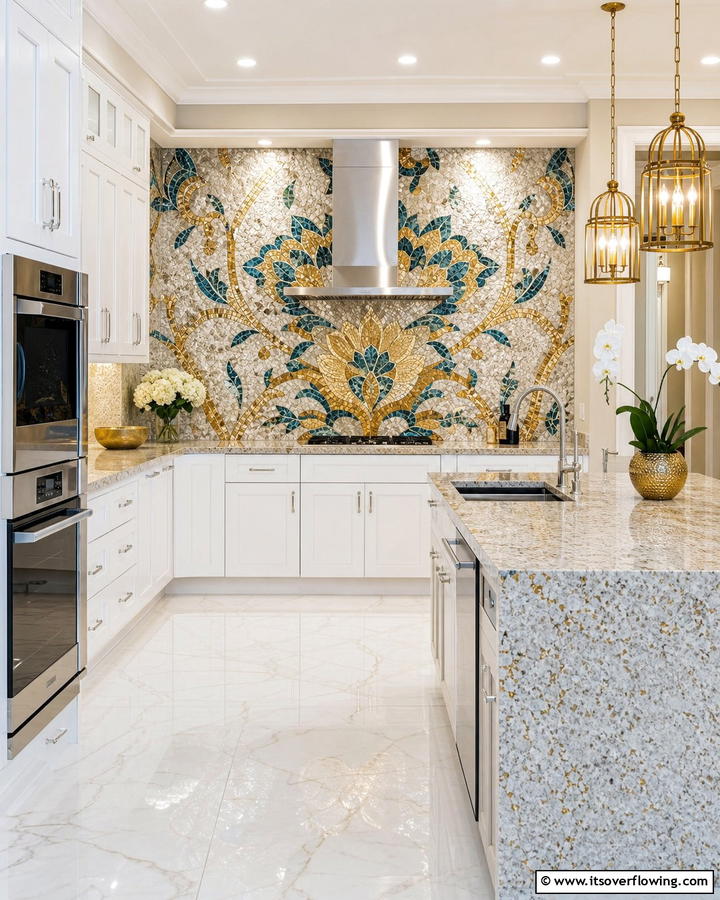 Custom Designer Mosaic - 21 Backsplash Ideas for White Cabinets and Granite Counters