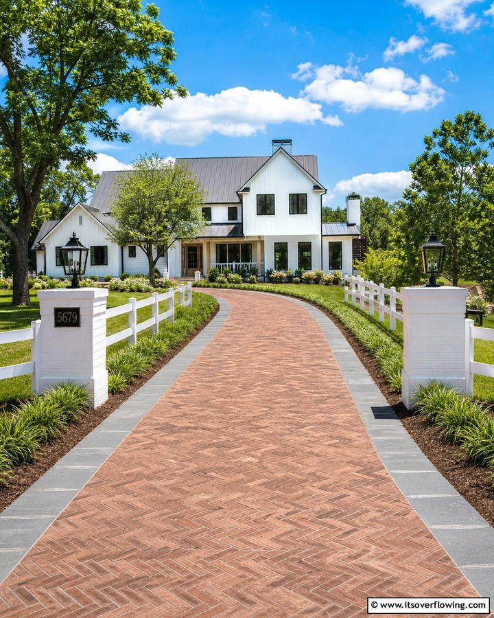 Custom Driveway Designs - 21 Modern Farmhouse Exterior Ideas to Boost Curb Appeal