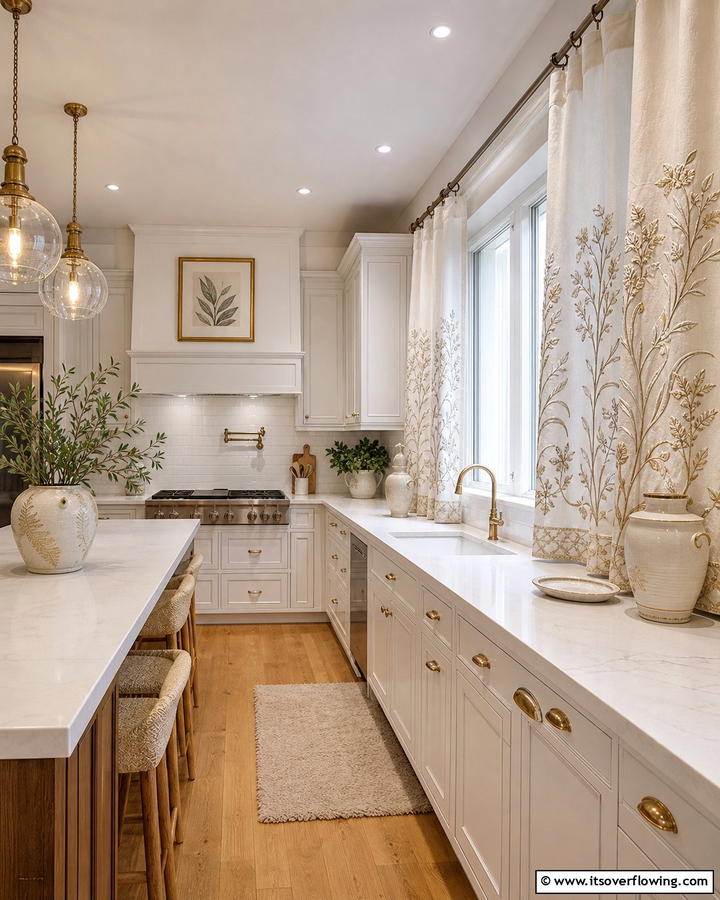 Custom Embroidered Details - 21 Kitchen Curtain Ideas to Enhance Light and Privacy