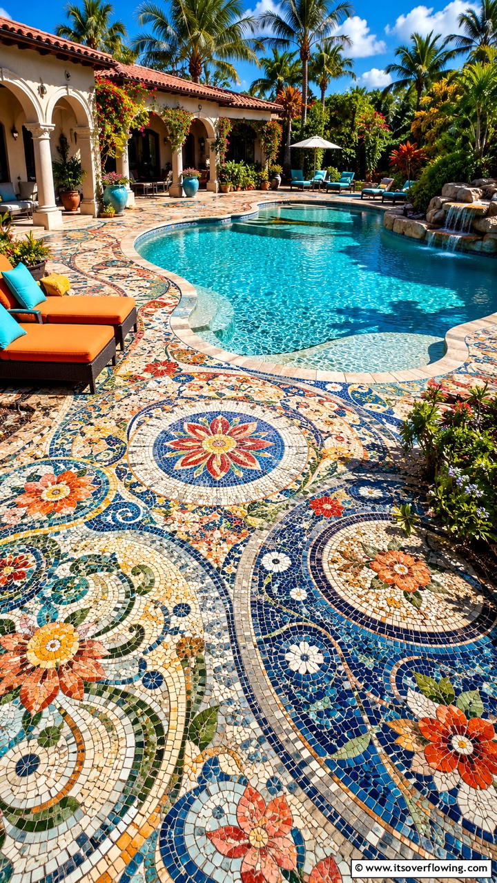 Custom Mosaic Accent - 30 Concrete Pavers Around Pool Ideas for Durable Style
