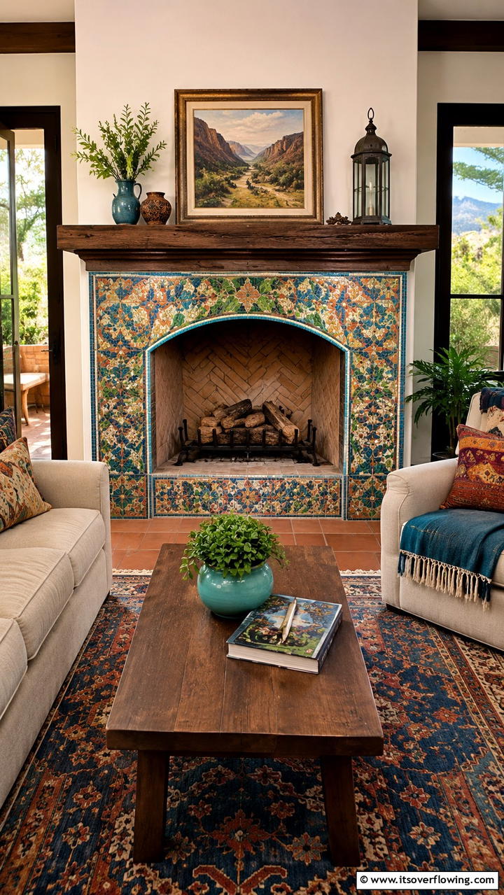 Custom Mosaic Surround - 30 Farmhouse Fireplace Ideas for Cozy Living Spaces