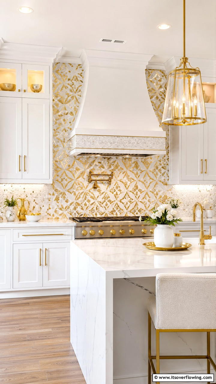 Custom Mosaic Tiles in White and Gold - 21 White and Gold Kitchen Ideas for Timeless Elegance