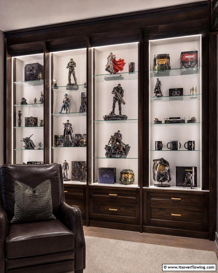 Custom Shelving for Displaying Collectibles - 30 Media Room Ideas for Ultimate Living Room Entertainment