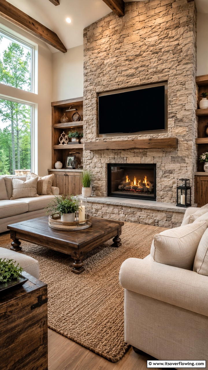 Custom Stone Surround - 21 Stylish TV Over Fireplace Ideas for Modern Living Rooms