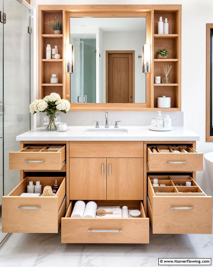 Custom Storage Solutions - 20 Wood Bathroom Vanity Ideas for a Warm Look