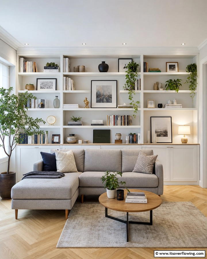 Customizable Built In Shelves - 21 Small Apartment Living Room Ideas for Compact Spaces