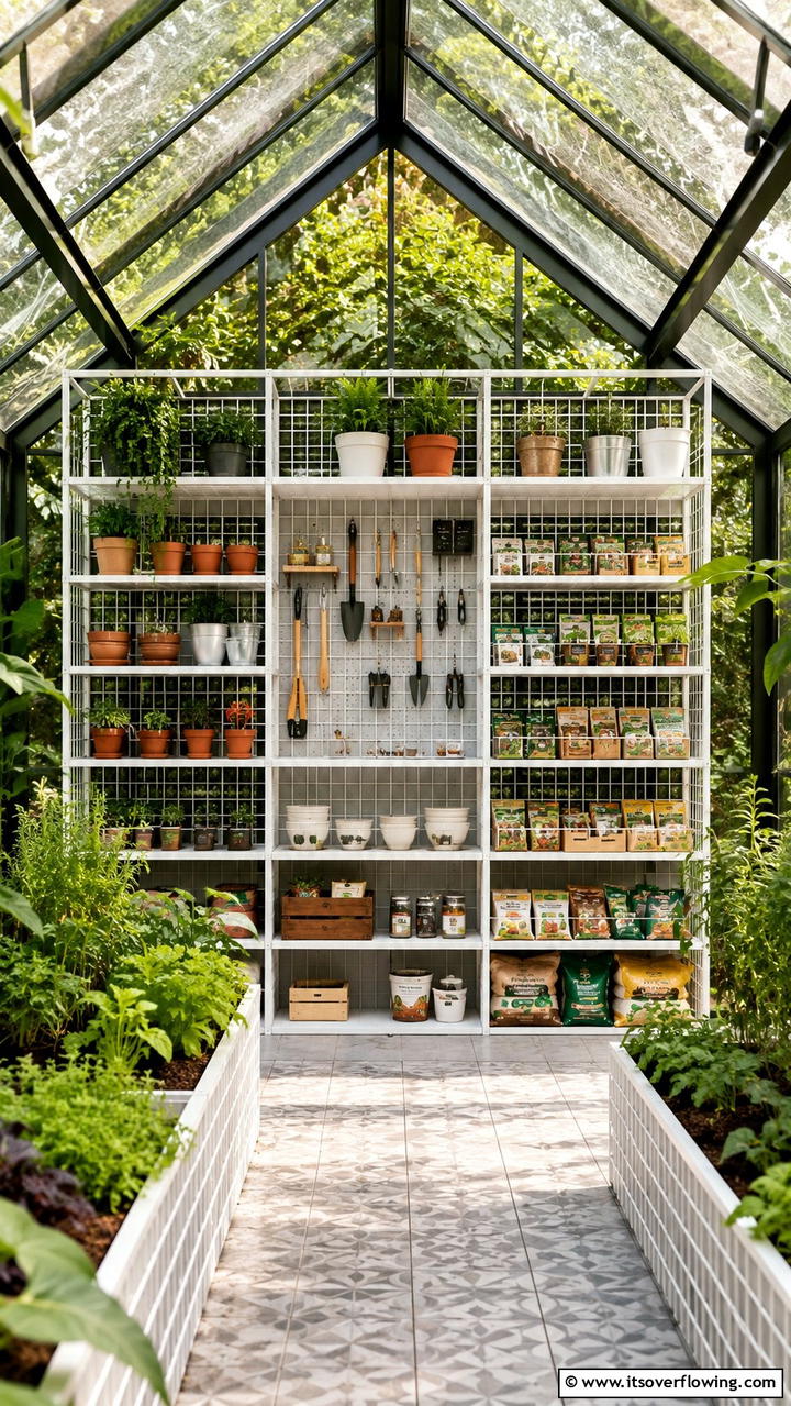 Customizable Grid Storage Shelves - 30 Greenhouse Shelving Ideas- Organized Plant Storage