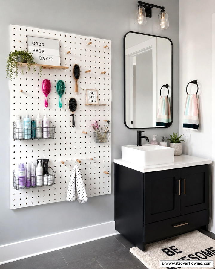 Customizable Pegboard for Organization - 25 Teen Bathroom Ideas for a Stylish and Functional Space